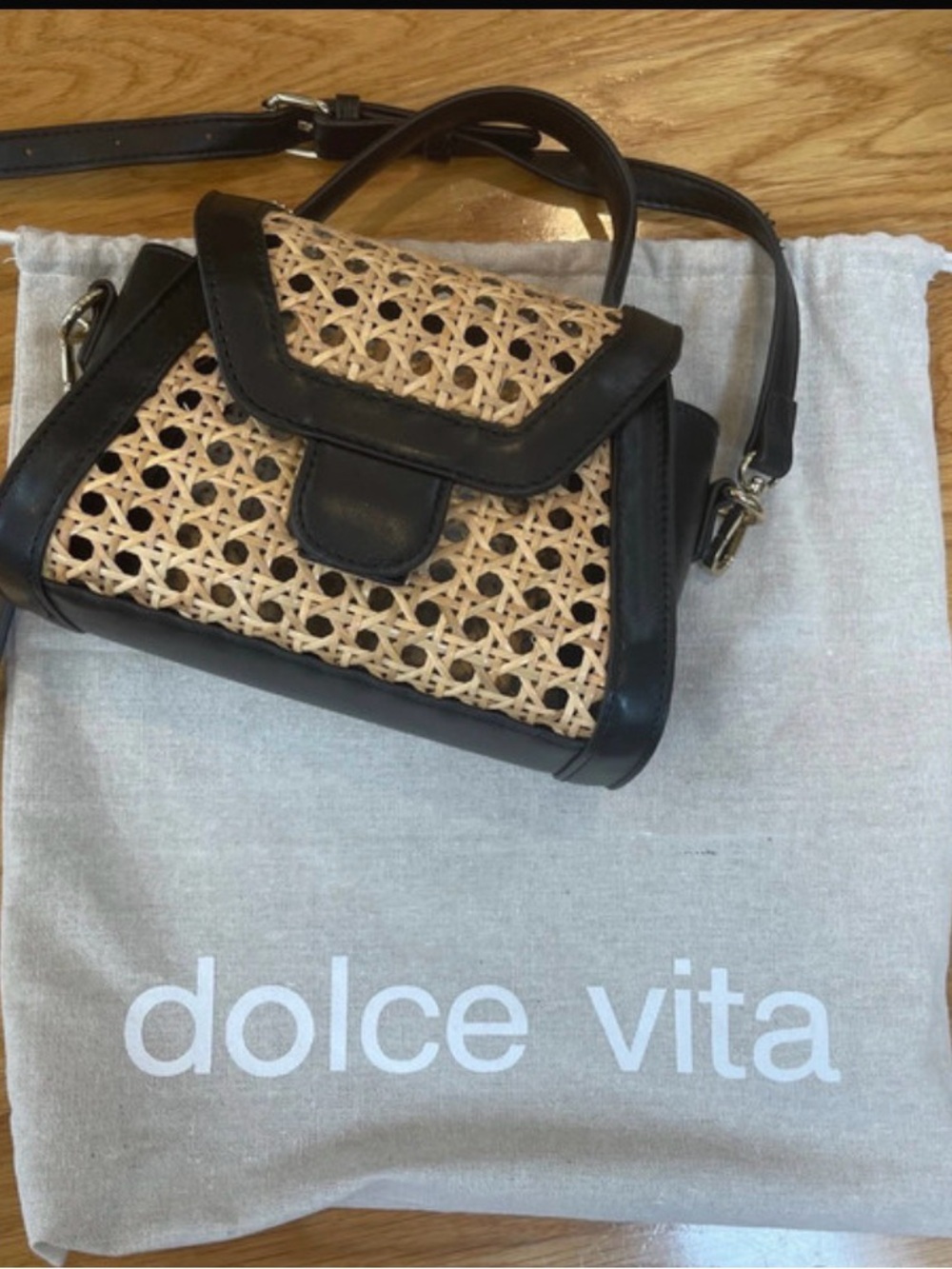 Dolce Vita Black and Natural Woven Mini Top-Handle Crossbody